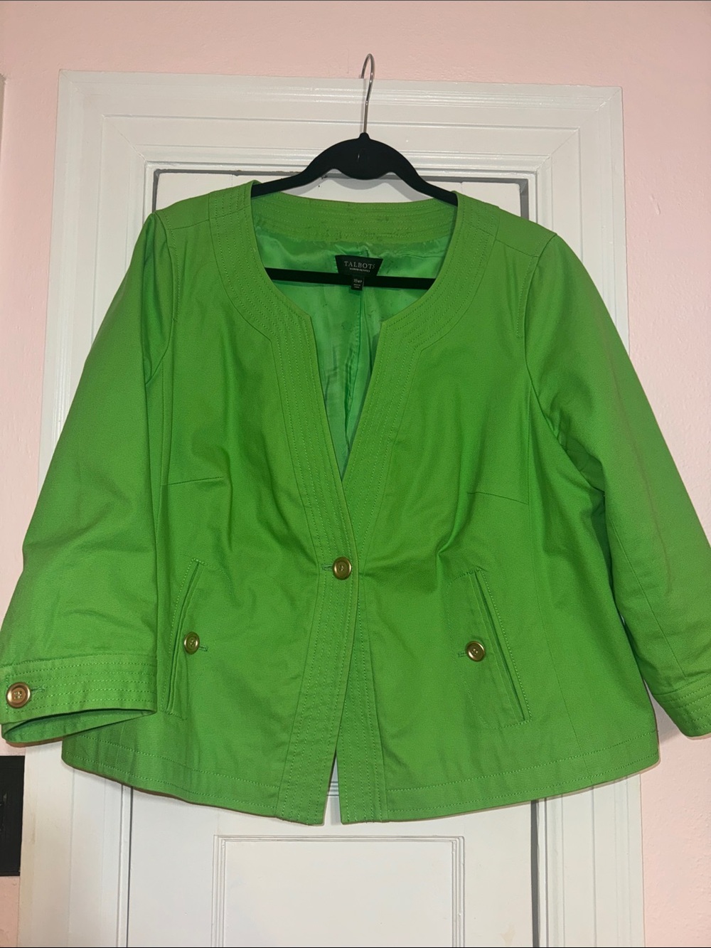Talbots Bright Green Collarless Button Jacket